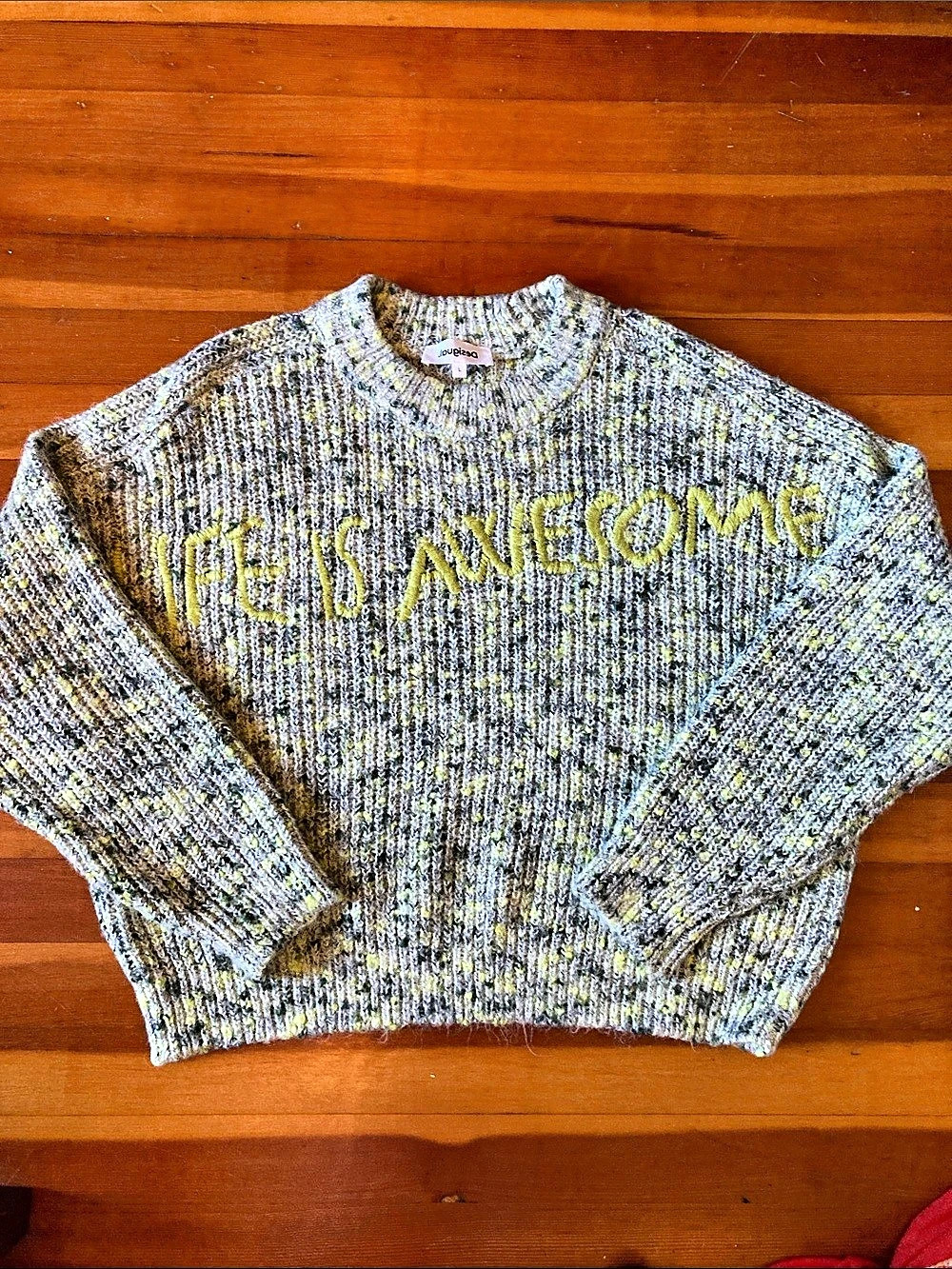 Desigual Life Is Awesome Sweater Gray & Yellow green Large